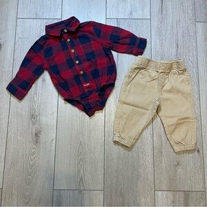 Wrangler Baby Red Blue Plaid Long Sleeve Onesie & Khaki Joggers Set‎ 9 M Holiday